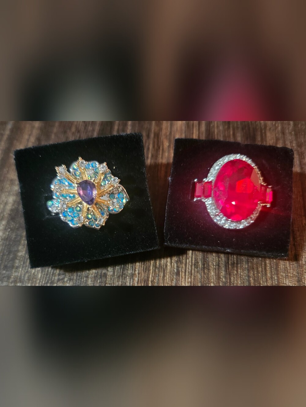 paparazzi Red Oval Crystal Ring and Blue Floral Cluster Ring
